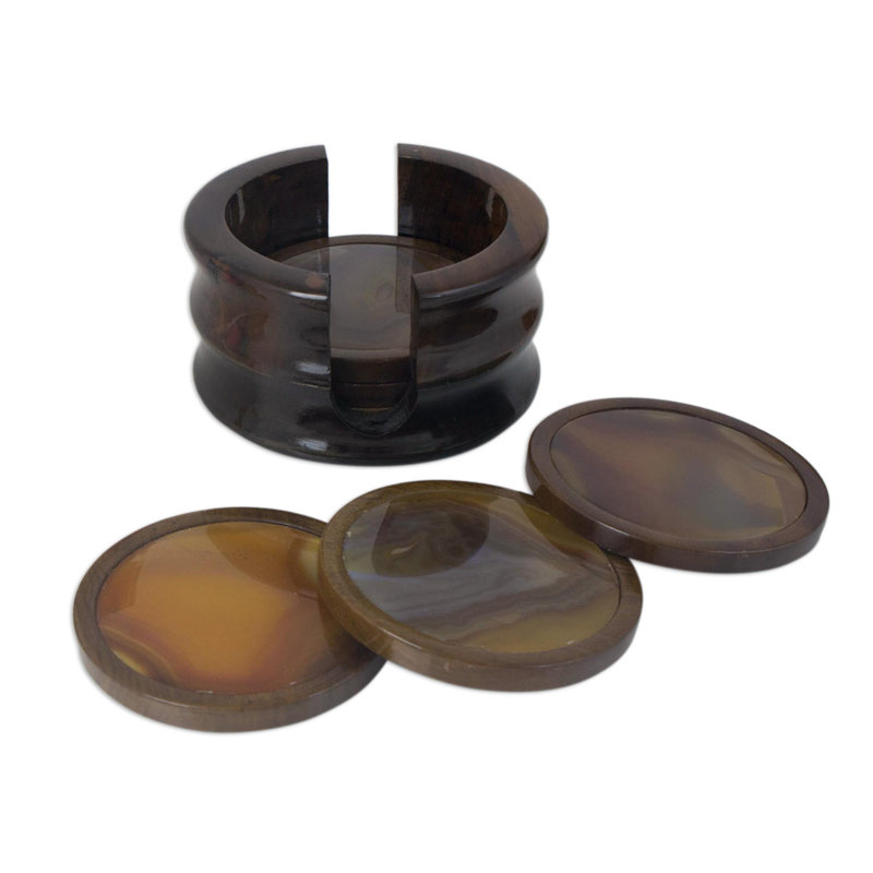 Wood Round Coaster Set With Holder