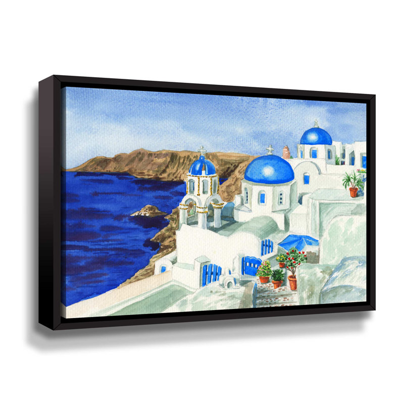 Toits bleus de l'île de Santorin, Grèce - reproduction sur toile, H 24 po x l 32 po x P 2 po, Toile avec cadre noir