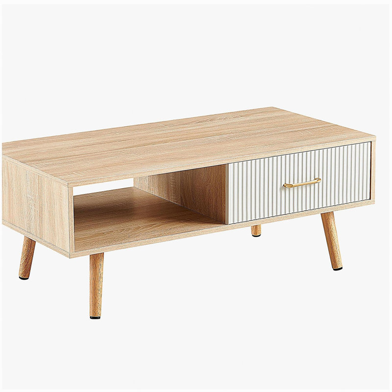 Table basse rectangulaire avec pieds en bois massif, tiroir coulissant pour le rangement, table moderne pour le salon, bois naturel 