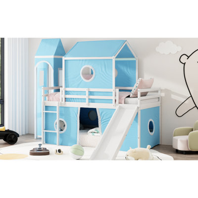 Twin Loft Bed In Blue With Slide, Pink Tent, And Tower - Pine Plywood, Three Ways To Up Tower, Semi Enclosed Space Size Slide Tent Build, Adjustable Placement, Fence Shaped Bedroom Feature