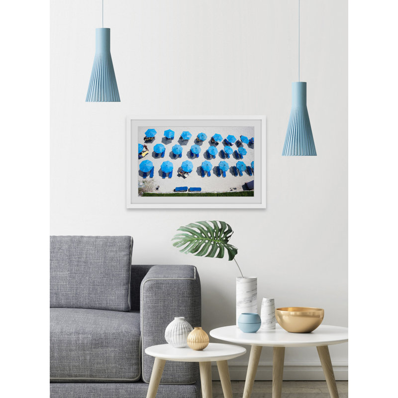 'Blue Umbrellas' Print, 30" H x 45" W, White Framed