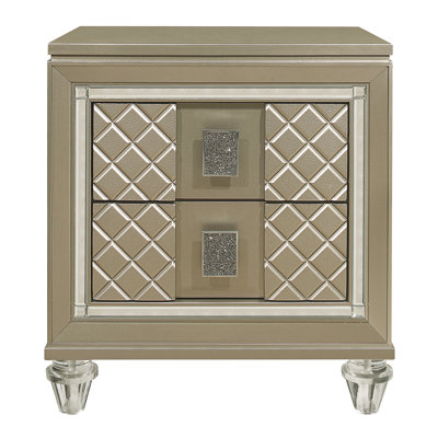 Glamorous Champagne Finish 1Pc Nightstand Of 2 Drawers Acrylic Feet Bedside Table Luxury Bedroom Furniture Beveled Mirror Trim