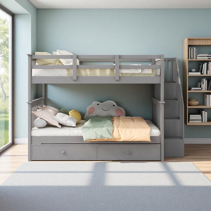 Lit superposé double avec lit gigogne simple, rangement et garde-corps pour chambre à coucher, Grey