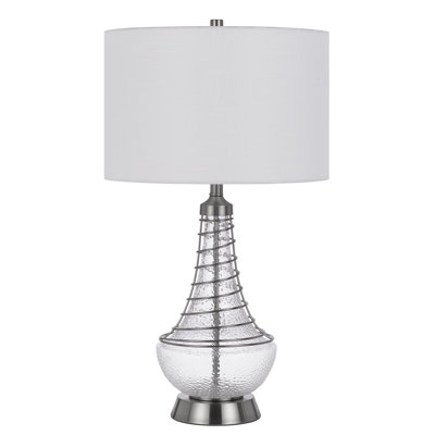 Lampe de table Baraboo en verre - 75 cm de hauteur, acier brossé avec grille de protection décorative, abat-jour cylindrique en lin blanc, 150 W, culot E26 à 3 intensités, style moderne