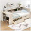 Lit plateforme simple en bois avec tablettes de rangement, tiroirs, station de charge et tête de lit tapissier, crème-129746805