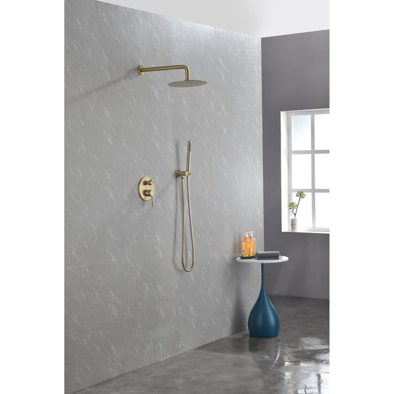 Brushed Gold Shower Faucet - Bathroom Wall Mounted With High 10" Stainless Steel Rain Head And Handheld Shower, 2 Way Balance Valve Kit