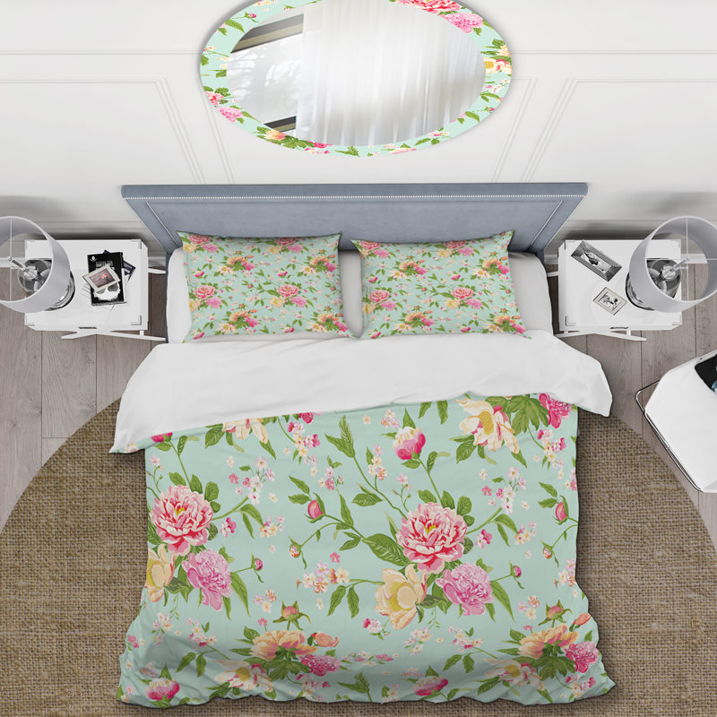 Ensemble de housse de couette rétro fleur et vert - Polyester en microfibre, Twin Duvet Cover + 2 Standard Shams