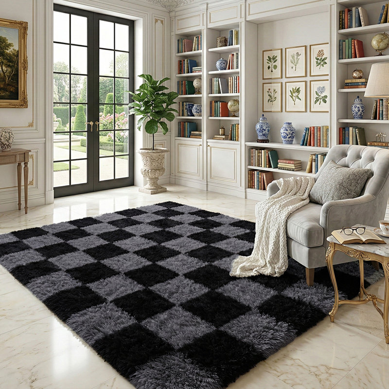 Plush Checkered Shag Area Rug - Soft Fluffy Black Grey Grid Fleece Carpet for Living Room, Bedroom, Dry-Clean Only, High-Pile Shaggy Rug with Modern Checkerboard Pattern, Cozy Non-Slip Floor Decor for Contemporary Home Spaces