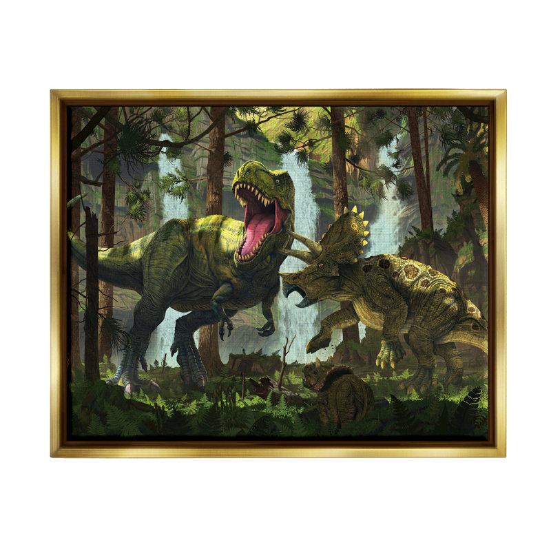 Protection Dinosaurs Landscape par Vincent Hie, Cadre flottant métallique doré, H 17 po x l 21 po x P 1,7 po