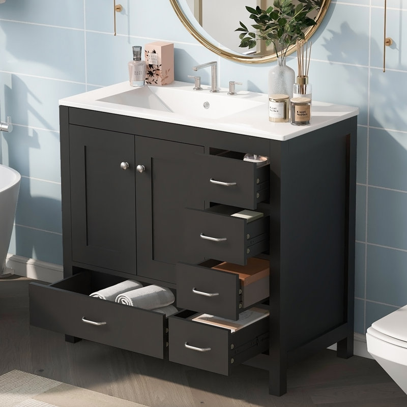 Ensemble de meuble-lavabo 36 po avec lavabo en céramique 36 po, armoire de rangement abondante, 2 portes à fermeture douce et 5 tiroirs
