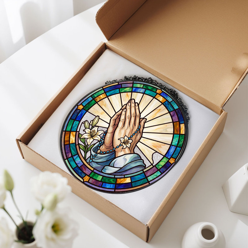 Praying Hands Stained Glass Window Panel，7.8H, 7.8"H