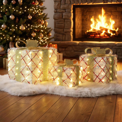 Coffret-cadeau de Noël 3 pièces pré-illuminé en guirlande argentée avec des nœuds dorés