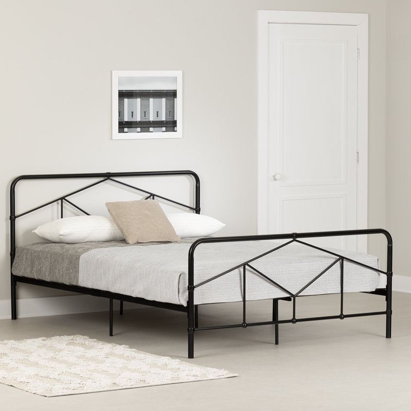 Queen Black Metal Geometric Headboard Platform Bed