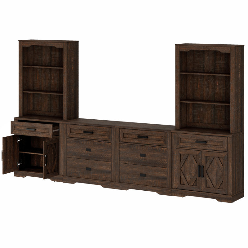 Extra-Large Entertainment Center With Tall Storage Bookcases, 4-In-1 Farmhouse TV Stand With 6 Drawers And Barn Door Cabinets, Media Console For Tvs Up To 70", For Living Room, Bedroom