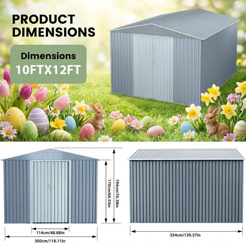 10X12x8 FT Outdoor Steel Storage Shed with Lockable Doors, Garden Sheds with Weather-Resistant and Moisture-Resistant, Ideal for Patio Lawn Backyard Outside Use