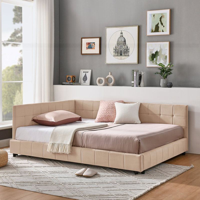 Sofa Bed Frame with Comfortable Backrest and Armrests, Pink