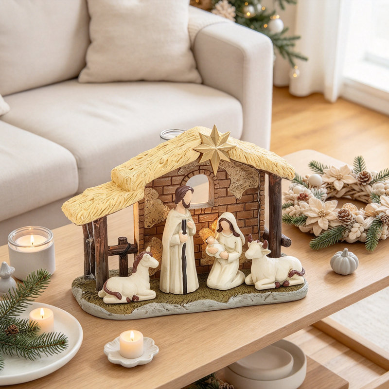 Light-Up Christmas Nativity Scene Set - Handmade Resin Tabletop Decor