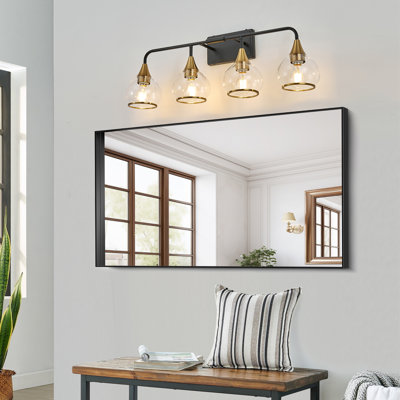 Applique murale moderne 31 po à 4 lumières pour meuble-lavabo 31 po - Luminaire de salle de bain noir et doré avec abat-jour en verre transparent, lampe murale industrielle pour miroir, meuble-lavabo et espaces de vie (ampoule non incluse)