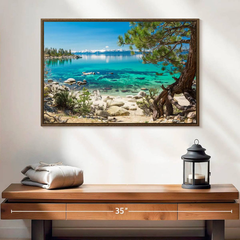 Turquoise, lac Tahoe, 25 po x 17 po, Cadre flottant noyer