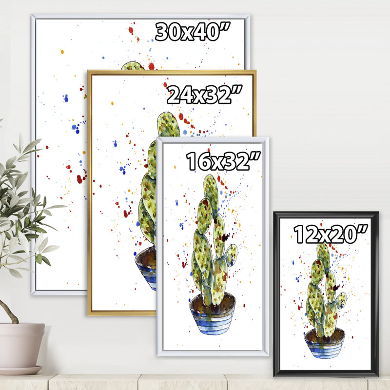 Cactus Houseplant - reproduction sur toile avec cadre flottant, H 32 po x l 24 po x P 1 po, Encadrement doré