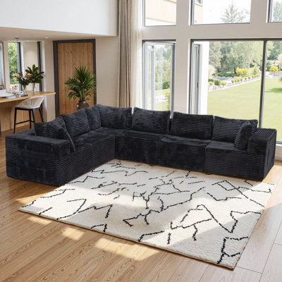 Koli 126" U-Shaped Compression Sectional Couch for 5, Corduroy Cloud Couch, Black