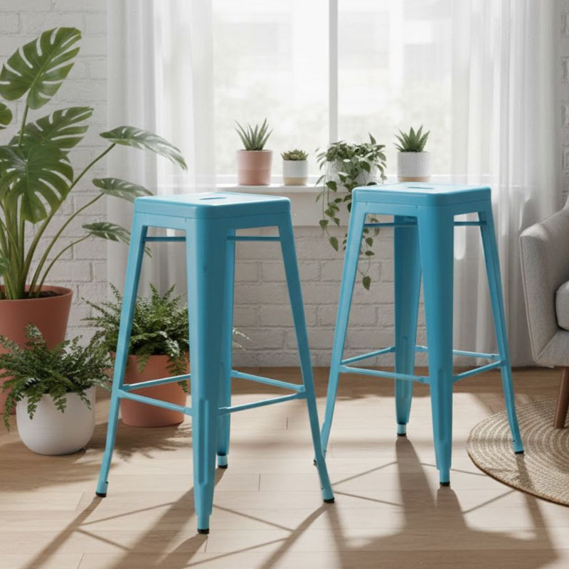 Johanes 30 In. H Blue Backless Metal Bar Stool With Metal Seat Set Of 2