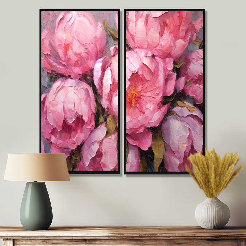Pivoine rose Perfection I - grande décoration murale florale 2 panneaux, H 32 po x l 32 po, Noir