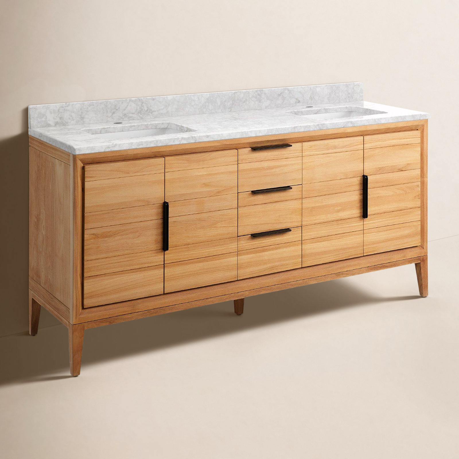 Aliso 72" Double Bathroom Vanity, Carrara Marble, Single-Hole Centered, Natural Teak
