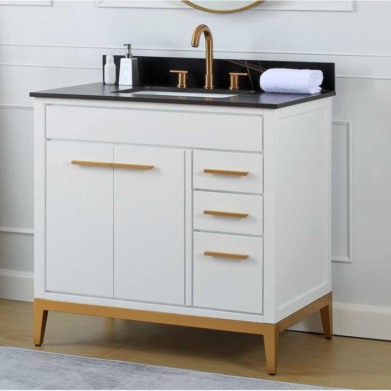 Meuble-lavabo sur pied moderne blanc Beatrice de 91 cm (36 pouces) de la marque Tennant, lavabo simple, comptoir en pierre frittée noire, entièrement assemblé