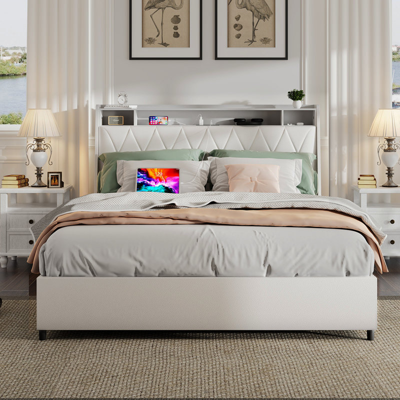 Cadre de grand lit avec tête de lit ergonomique, cadre de lit plateforme grand avec prises et chargeur, cadre de lit en métal grand avec tablette de rangement, silencieux, aucun sommier nécessaire