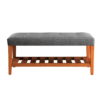 Banc rembourré en chêne et en tissu gris avec rangement ouvert, siège à boutons, tablette à lattes, 8 pouces, 40 po x 16 po, coussin de siège rembourré en tissu, pieds fuselés en bois mesurant entre L 40 po x l 16 po et H 8 po