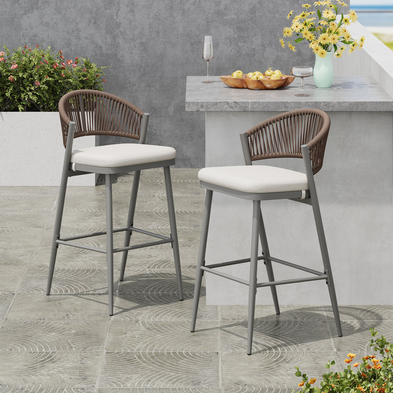 Outdoor 30.25" Seat Height Metal Frame Barstools With PE Rattan Scallop-Shaped Backrest, Set Of 2, Matte Grey, Beige, 30.25"