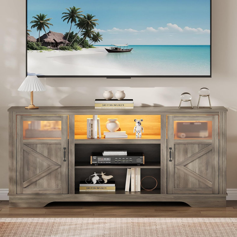 Gray Washed Ash Farmhouse TV Stand with LED Lights