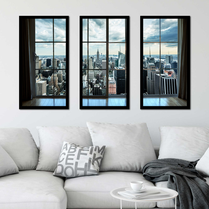 New York Window - ensemble de 3 reproductions de photos encadrées, H 25,5 po x l 40,5 po x P 1 po