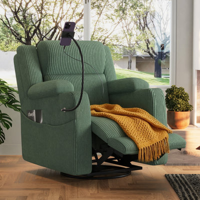 Fauteuil inclinable électrique avec chaleur et massage, fauteuil inclinable à bascule pivotant à 270 ° avec support pour téléphone et ports USB, fauteuil oscillant électrique avec rangement caché, poches latérales, porte-gobelet