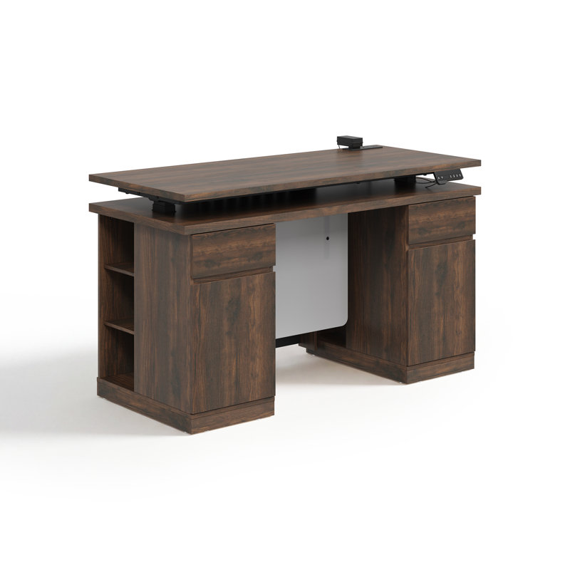Bureau debout électrique l 54,3 po avec armoire de rangement, tiroirs, panneau perforé, éclairage à DEL et prises de courant intégrées