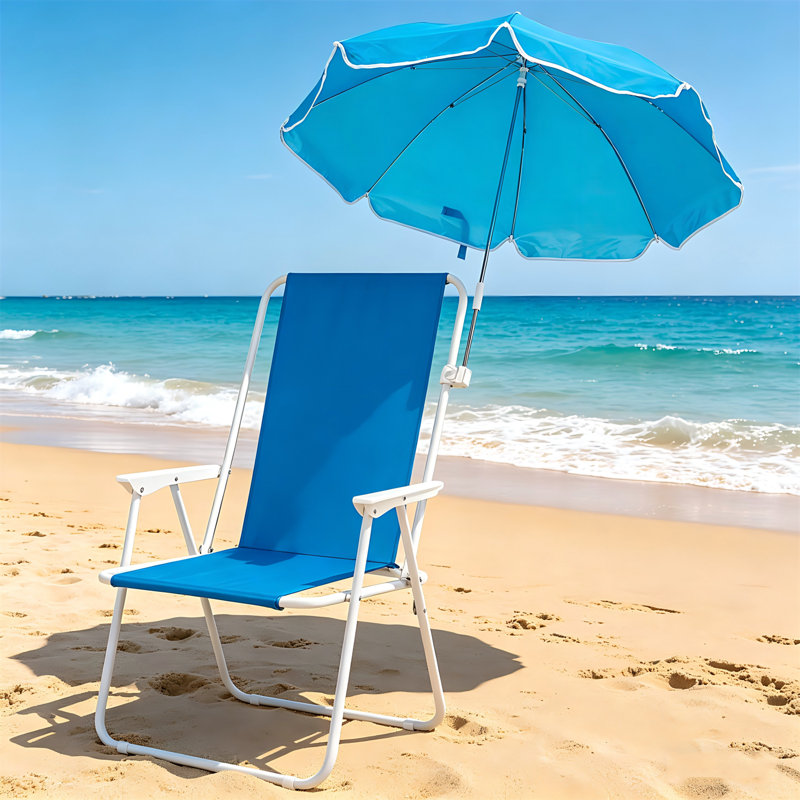 XL Heavy Duty Steel Beach Chair With Umbrella, Royal Blue, 15" Seat Height, Support Bar, Single Position Reclining, 265 Lbs Weight Capacity