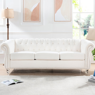 84.32" White Rolled Arm 3 . Follows Us Tb117. Staggered Deep Pull Buckles For Balanced Stress. Paint-Sealed Birch Legs Stain Resistance. Solid Internal Frame With Pine & Plywood. Foam And Pocket