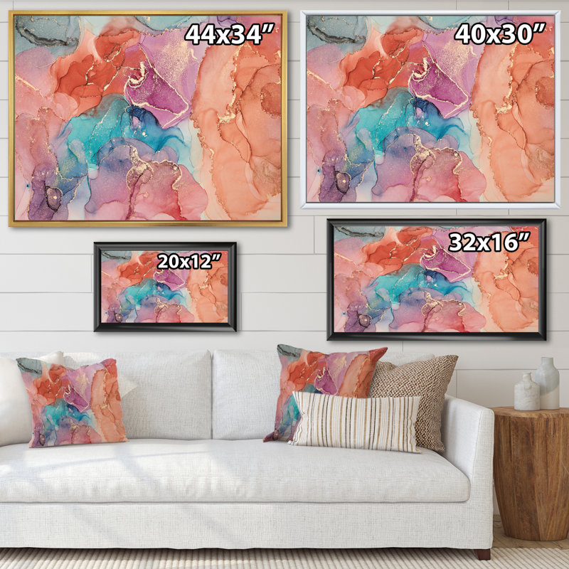 Turquoise et brun, art abstrait fluide de luxe III - peinture sur toile, H 30 po x l 40 po x P 1,5 po, Cadre flottant érable