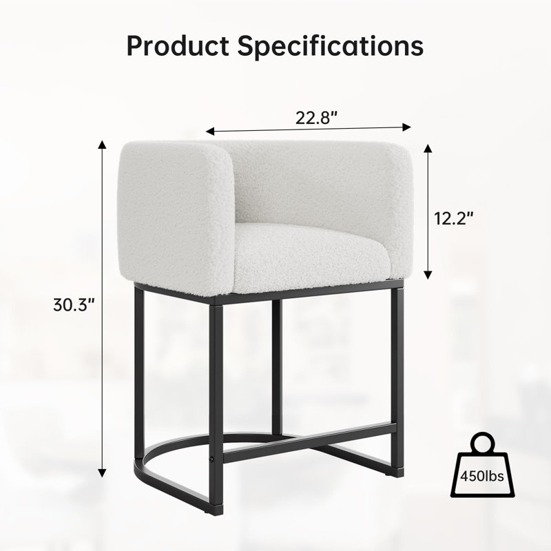 Ensemble de 2 tabourets de bar à hauteur de comptoir blanc, chaises de baril rembourrées modernes avec dossier et accoudoirs, structure en métal noir