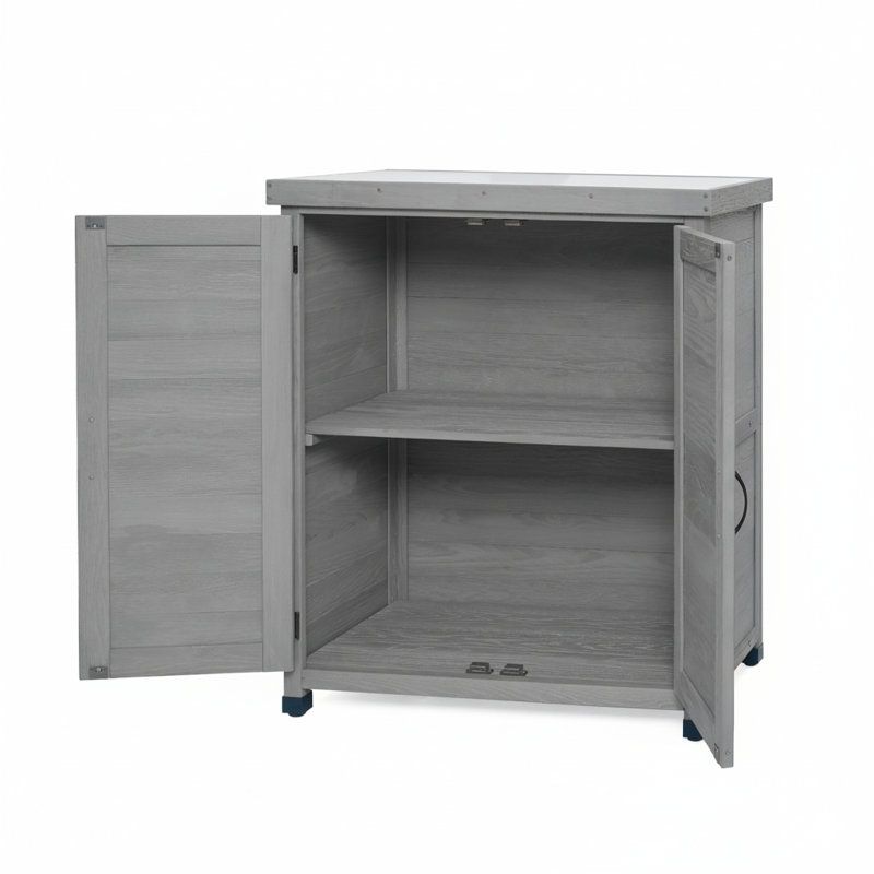 Banc d'extérieur en bois massif avec armoire de rangement et plateau de table en métal Fritz, Gris