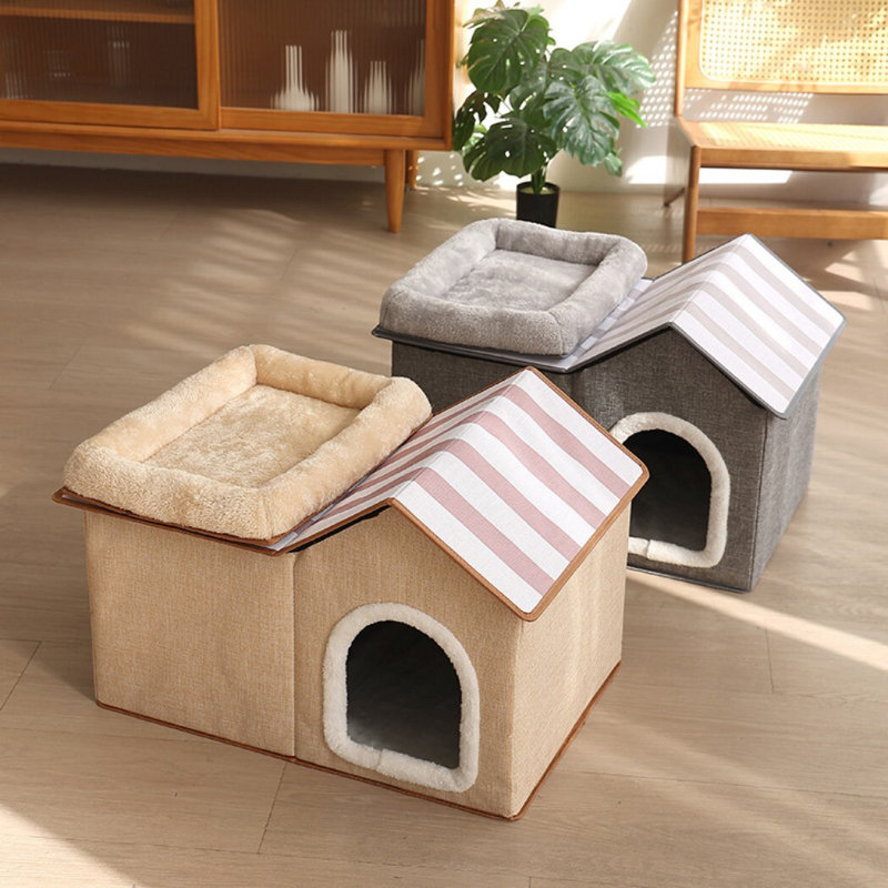 Maison pour chat 2-en-1 avec perchoir de toit moelleux et intérieur doux - idéale pour se reposer et dormir, Gris