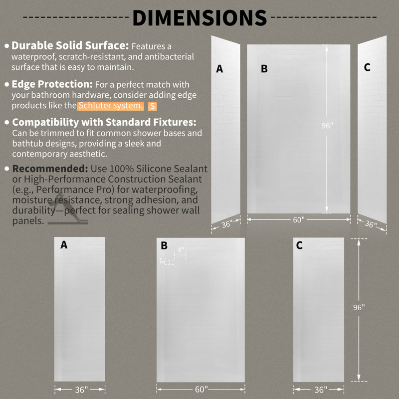60" W 96" H Three Wall Composite Shower Wall Panel Surround - Seamless 60" Back Wall, 96" H x 60" W x 36" D