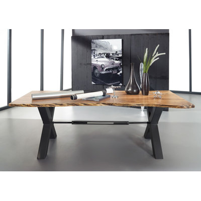 Iron Label Acacia Solid Wood Top Metal Base Dining Table