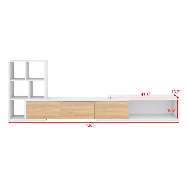 Meuble télé extensible avec tablettes à 3 niveaux, centre de divertissement réglable avec armoires de rangement, Blanc