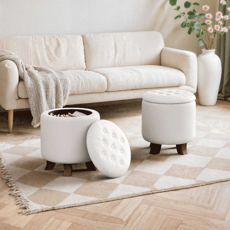 Upholstered Storage Ottoman Bench, PU Leather Button Tufted Ottoman Footrest Stool for Living Room, White
