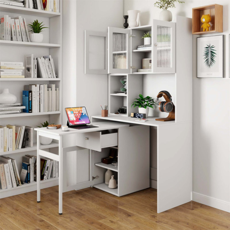 Bureau d'ordinateur polyvalent avec bureau rotatif à 90 degrés, armoires à porte en verre et grand espace de rangement pour la maison ou le bureau