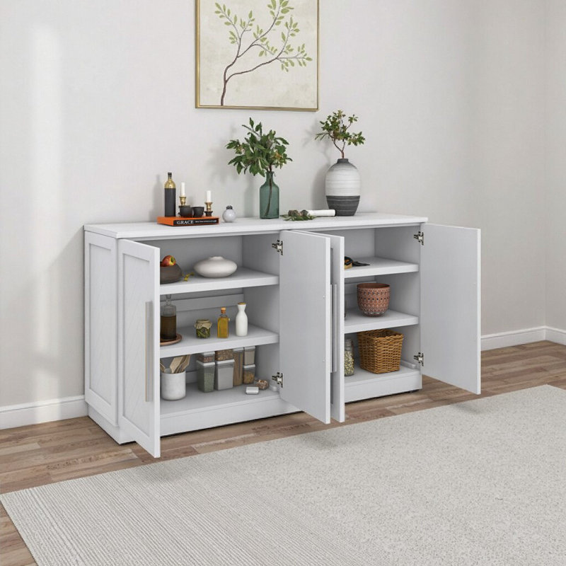 Buffet de luxe 60 po avec tablettes réglables, poignées argent, blanc / noir / bleu antique - Rangement pour la cuisine, la salle à manger et le salon