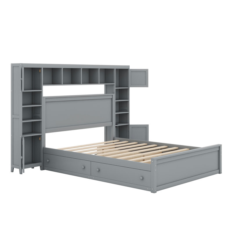 Lit en bois avec armoire, tablette et prises tout-en-un, Gris