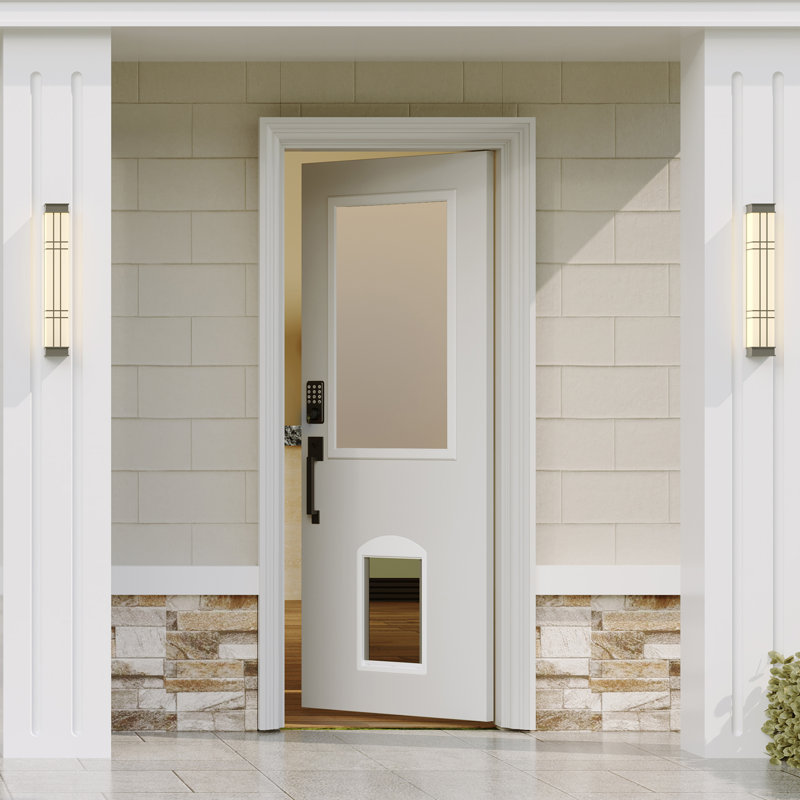 Dalle de porte d'entrée avec verre givré et porte magnétique pour animaux - Bois massif, serrure à clavier avec clé de secours